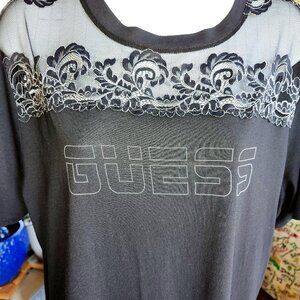 25268 GUESS LOGO T Shirt, M, Black Mesh, Illusion Neck, Short sleeves,